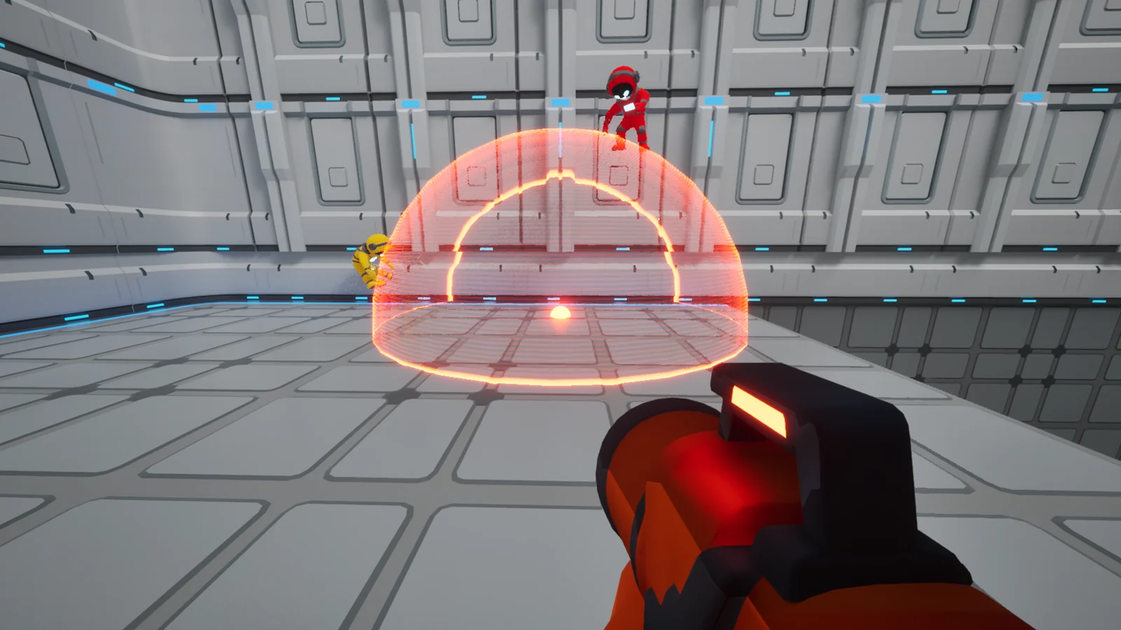 『OMG: Oh My Gravity』のスクリーンショット。重力弾で発生した半球状の重力場と仲間のキャラクター