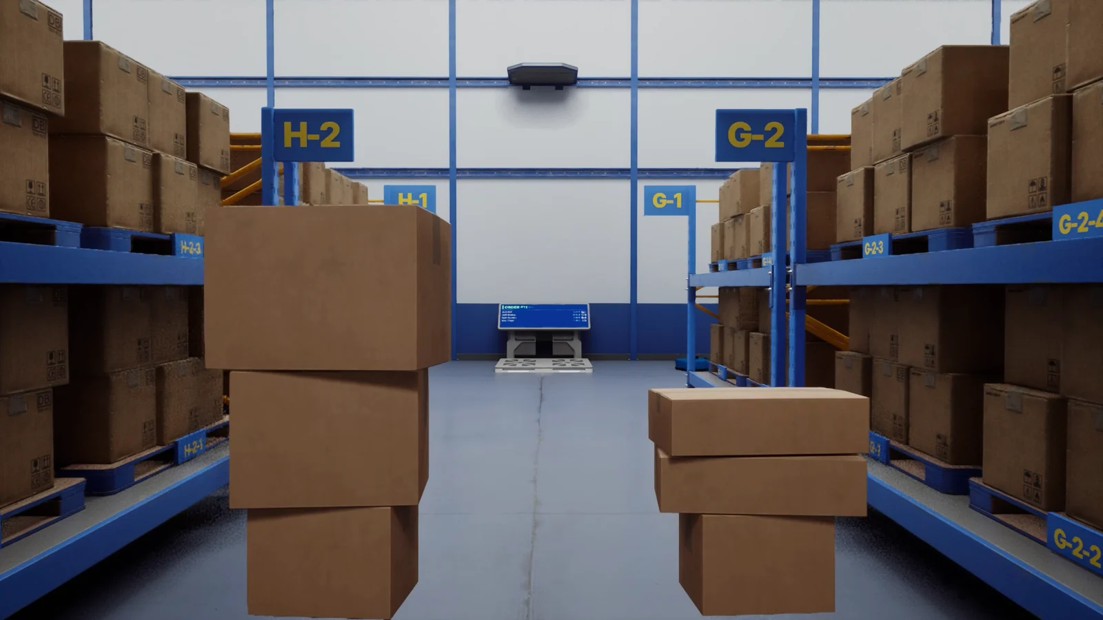 『BOB LOGISTICS』の倉庫内を一人称視点で見たゲーム画面。棚と段ボール箱が並ぶ