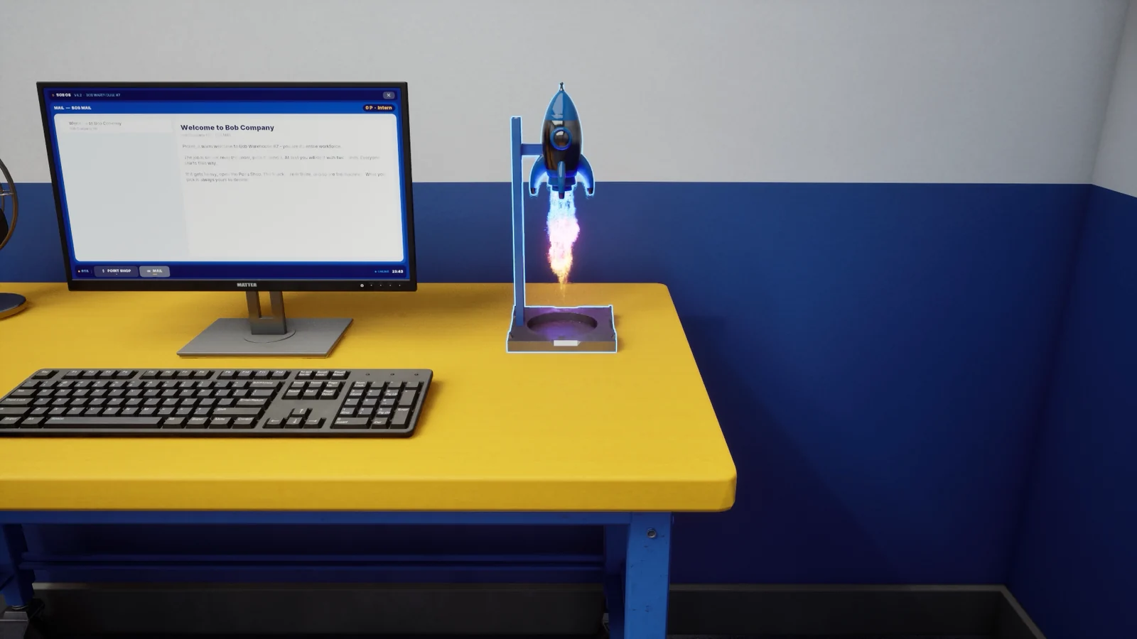 『BOB LOGISTICS』の机上のモニターとロケット型オブジェクトのゲーム画面