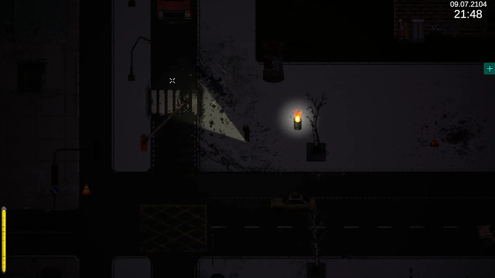 『Project S.U.N.D.I.A.L.』の夜の街路を見下ろす2Dゲームプレイ画面