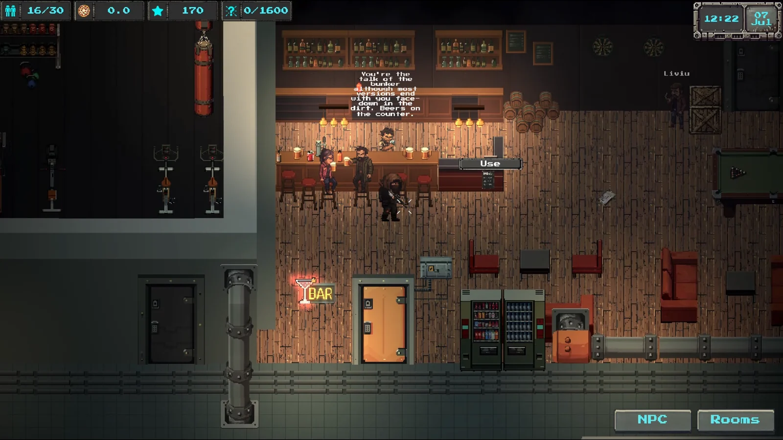 『Project S.U.N.D.I.A.L.』ミッション帰還後の拠点バーのゲーム画面