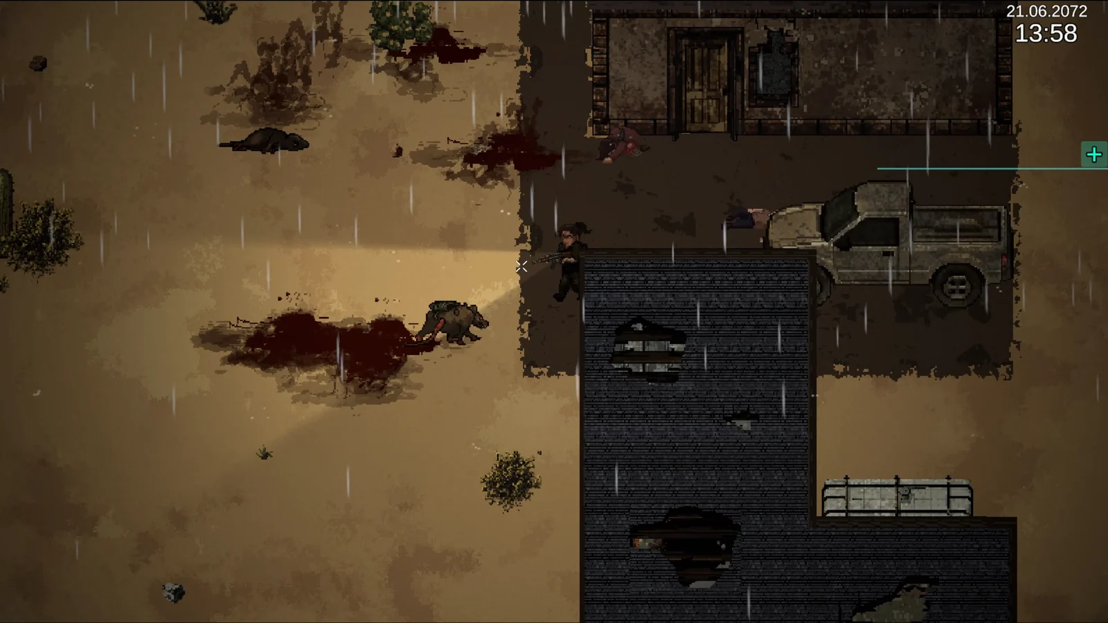 『Project S.U.N.D.I.A.L.』のゲーム画面。雨の中、懐中電灯を持つ人物が獣を照らす