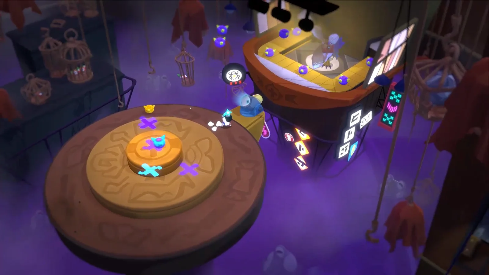 『ワルツとジャム』のゲーム画面。紫の霧の中に浮かぶ円形の足場と仕掛けを俯瞰で見たスクリーンショット