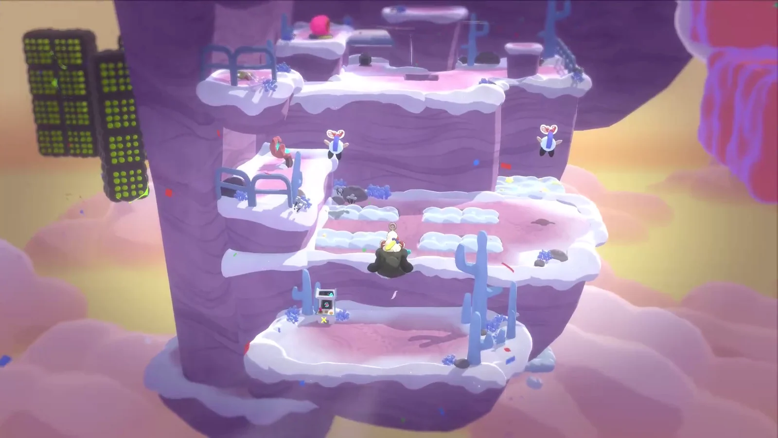 『Waltz and Jam』のゲーム画面。雲海に浮かぶ紫色の岩山の段々足場