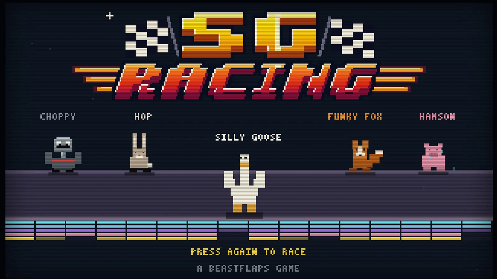 『SG Racing』のタイトル画面。ロボットや動物たち5体のキャラクターが並ぶ
