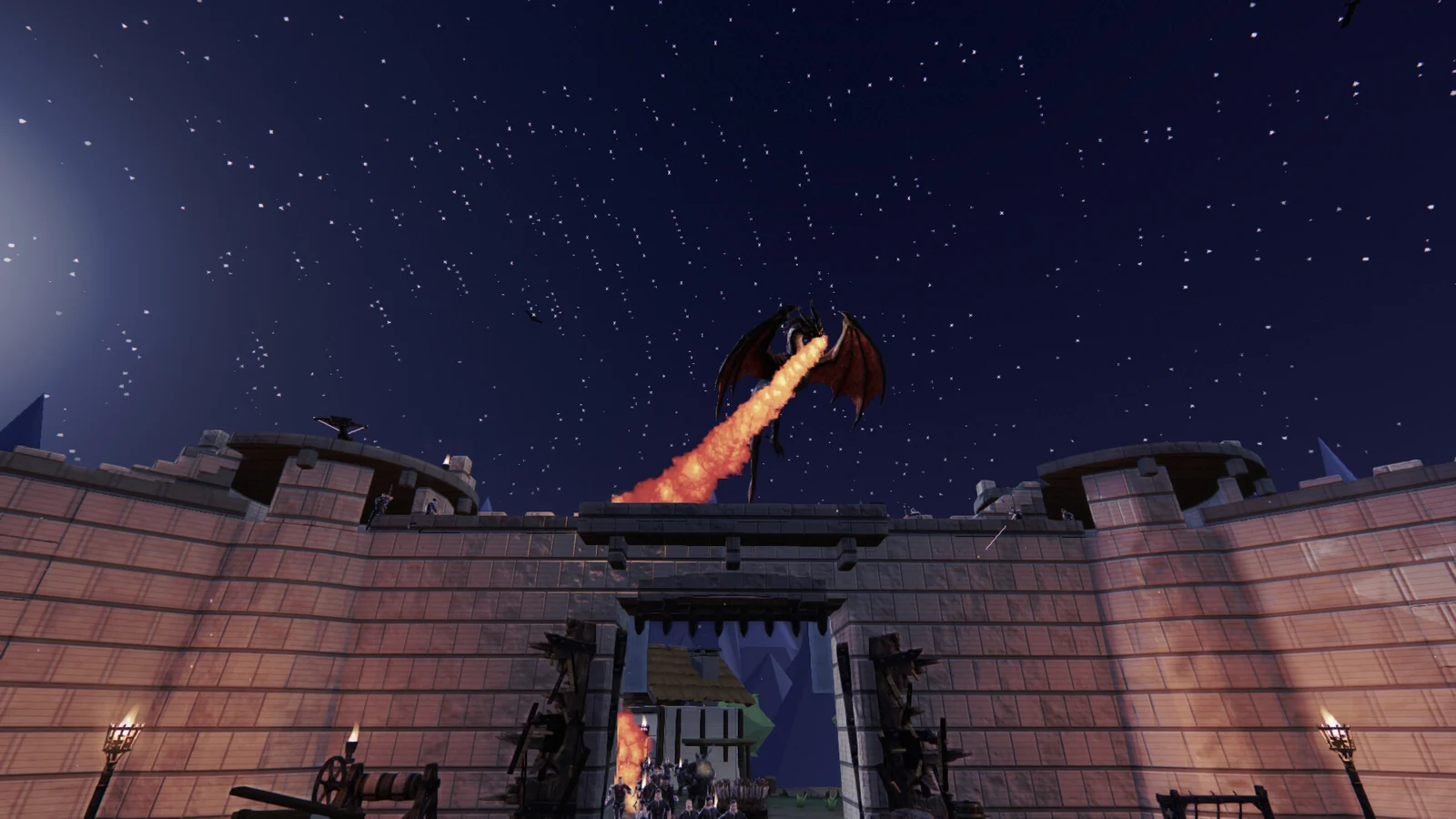 夜の城壁の上空で炎を吐くドラゴンを描いたSiege of Akanorのゲーム画面