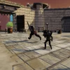 Siege of Akanorのゲーム画面。城の中庭で剣を持つ戦士が戦う場面