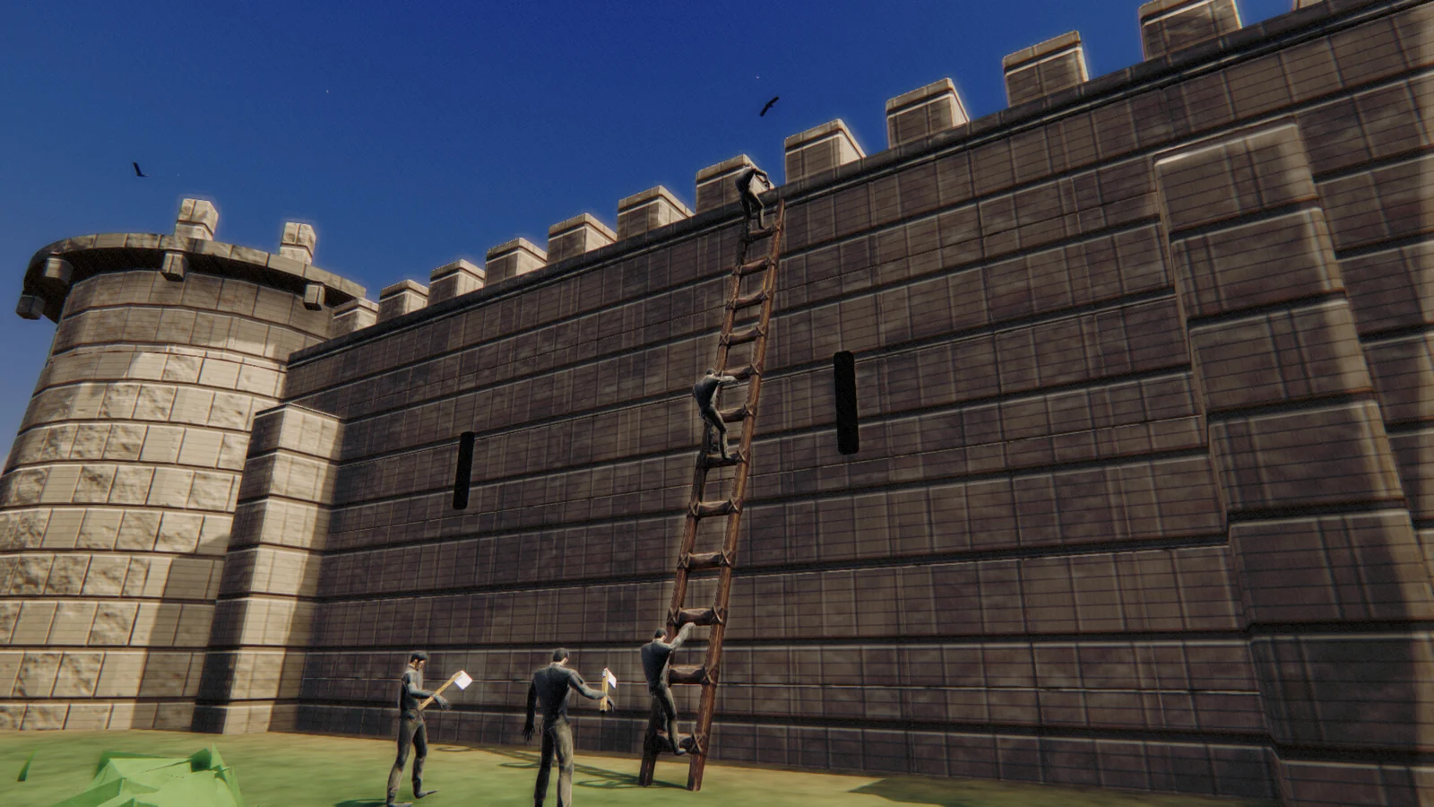Siege of Akanorのスクリーンショット。敵兵がはしごで城壁をよじ登る場面