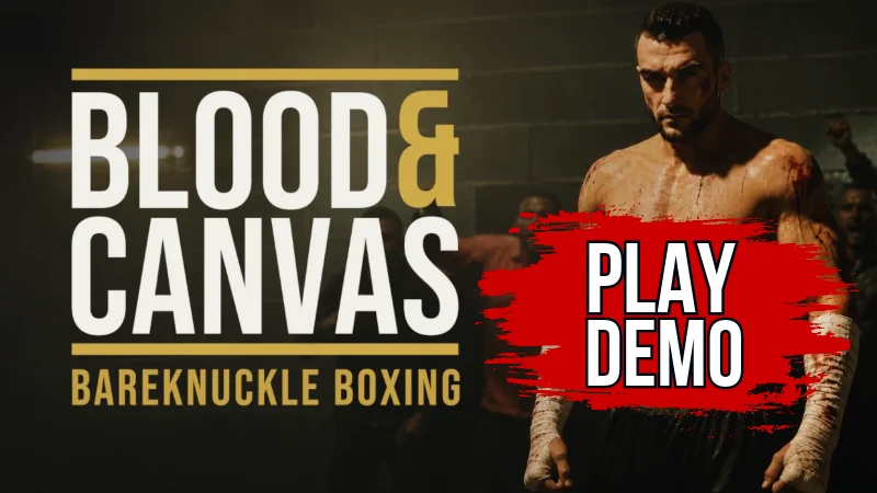『Blood & Canvas: Bareknuckle Boxing』のロゴと血のついたボクサー、PLAY DEMO表示