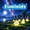 夜の草原で光る小さな生き物たちと『Luminids』ロゴのキービジュアル