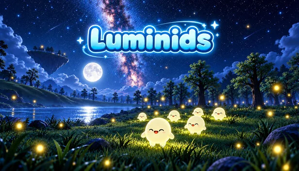 夜の草原で光る小さな生き物たちと『Luminids』ロゴのキービジュアル