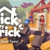 『Brick by Brick: Tidy Up the Small Town!』のキービジュアル。レンガを積む作業員と建設中の家