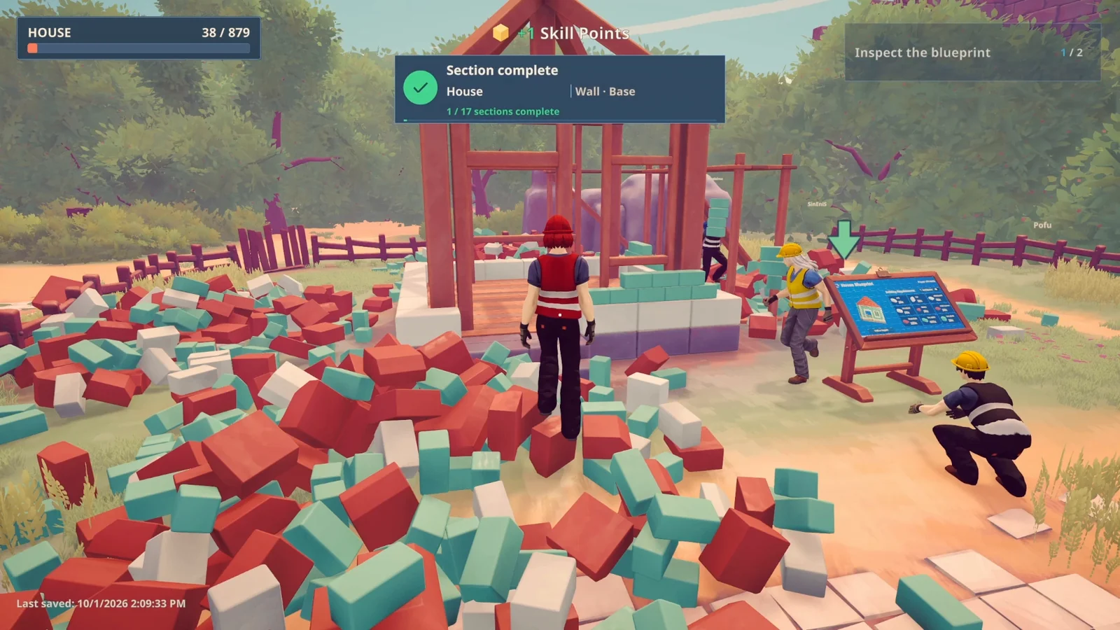Brick by Brick: 散らばったレンガの中で家を建て、設計図を確認するゲーム画面