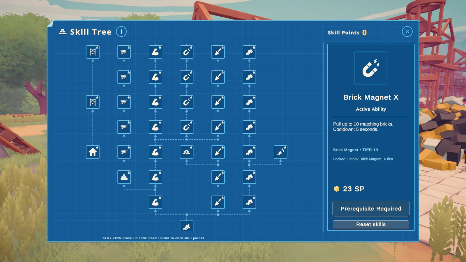 『Brick by Brick』のスキルツリー画面。磁石能力「Brick Magnet X」の説明が表示されている
