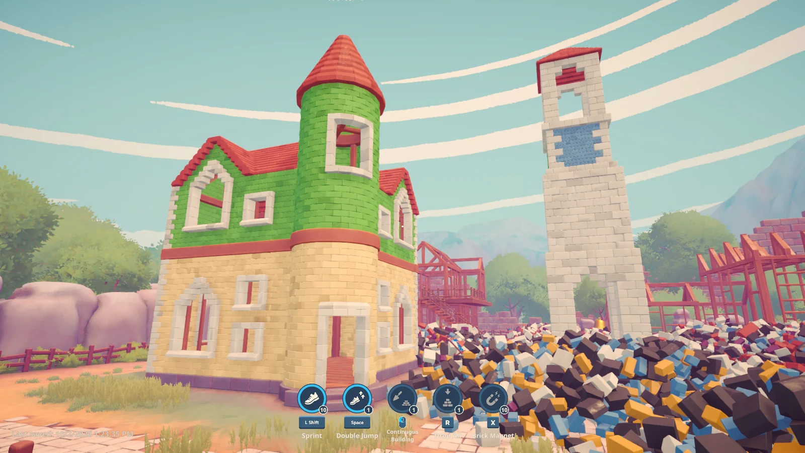 『Brick by Brick』のゲーム画面。完成した建物と散らばったレンガの山