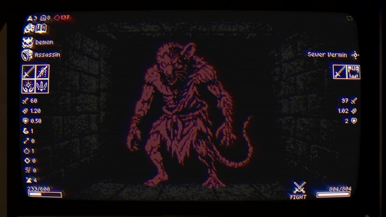 『Your Debt Is Paid』のゲーム画面。ダンジョンでネズミ型モンスターと対峙する戦闘シーン