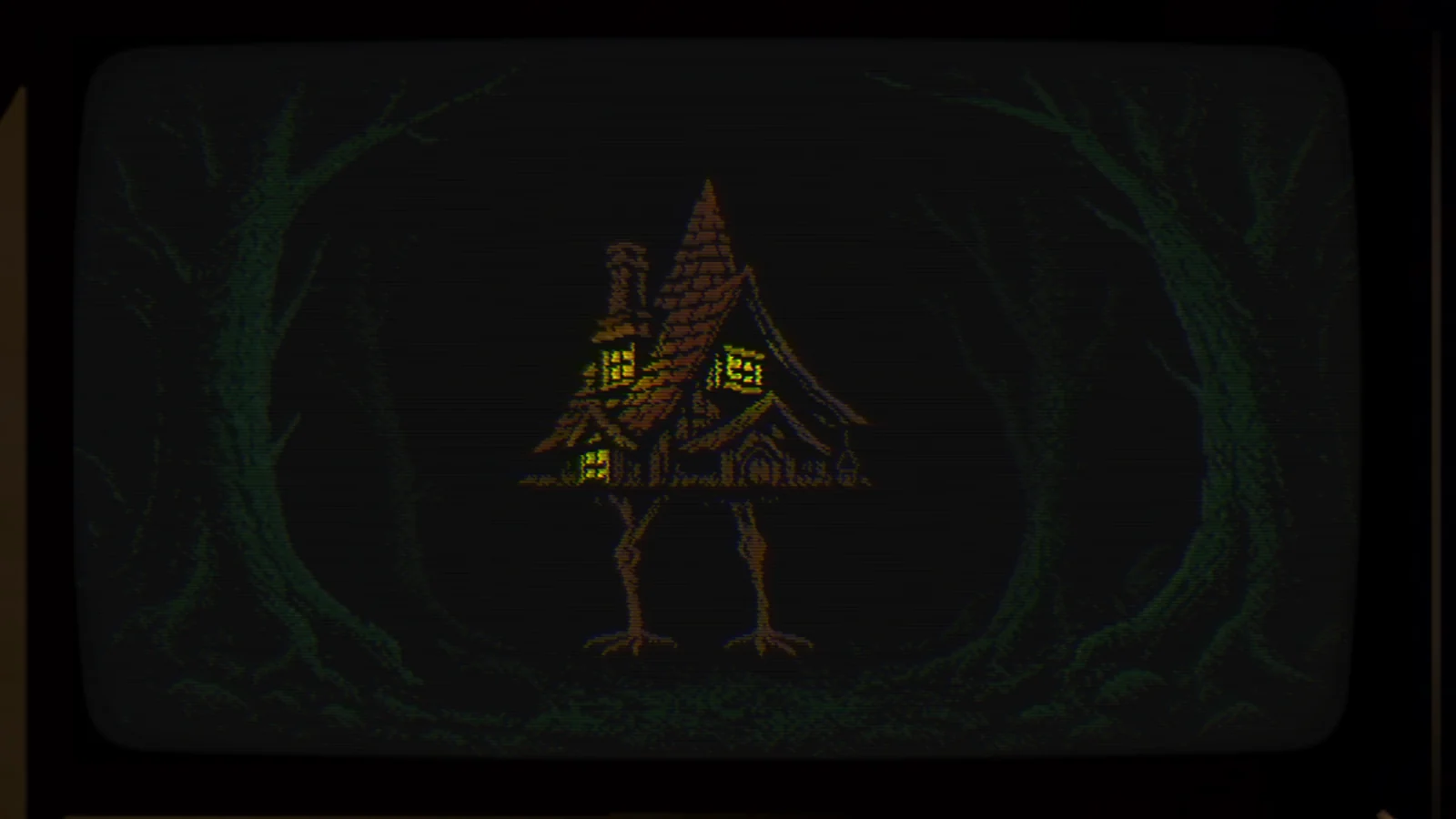 『Your Debt Is Paid』のゲーム画面。鳥の脚で立つ家と暗い森のドット絵