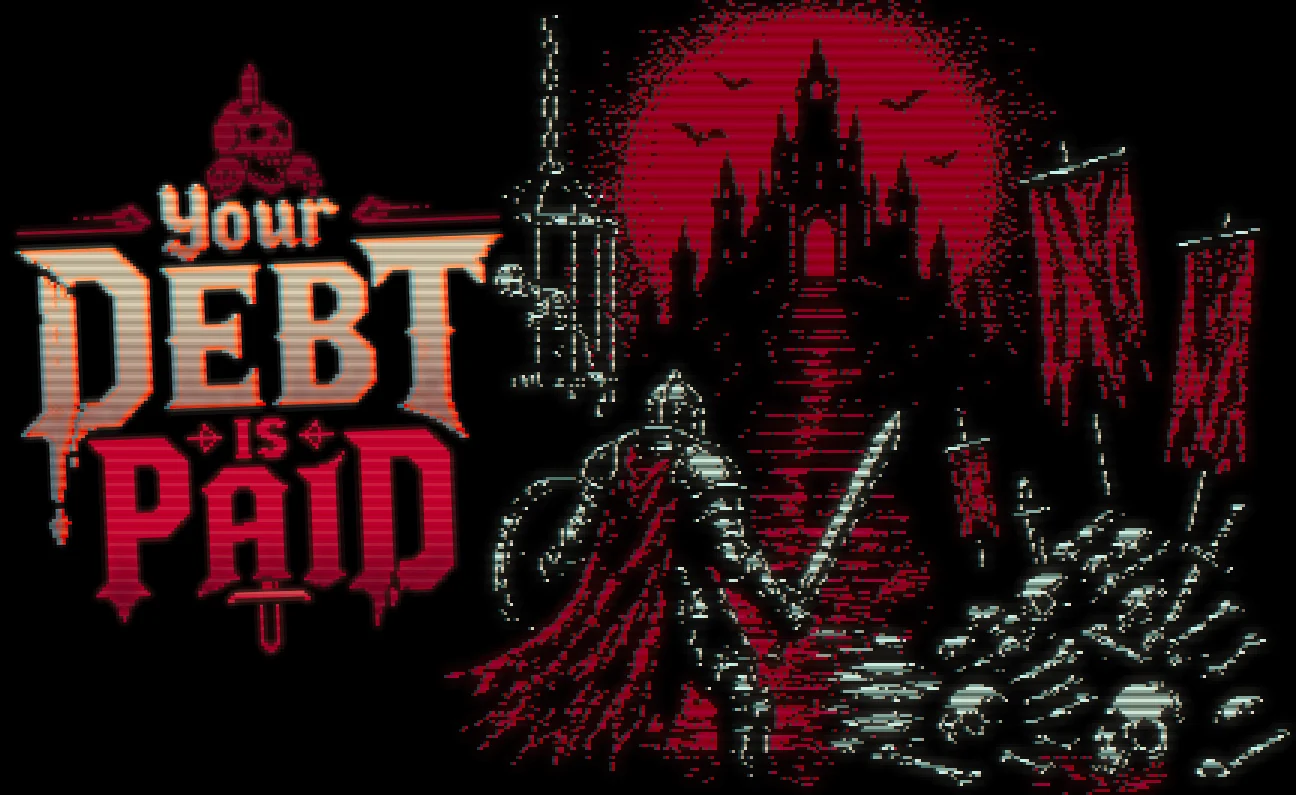 『Your Debt Is Paid』のキービジュアル。赤い月の城と剣を持つ騎士、骸骨の山