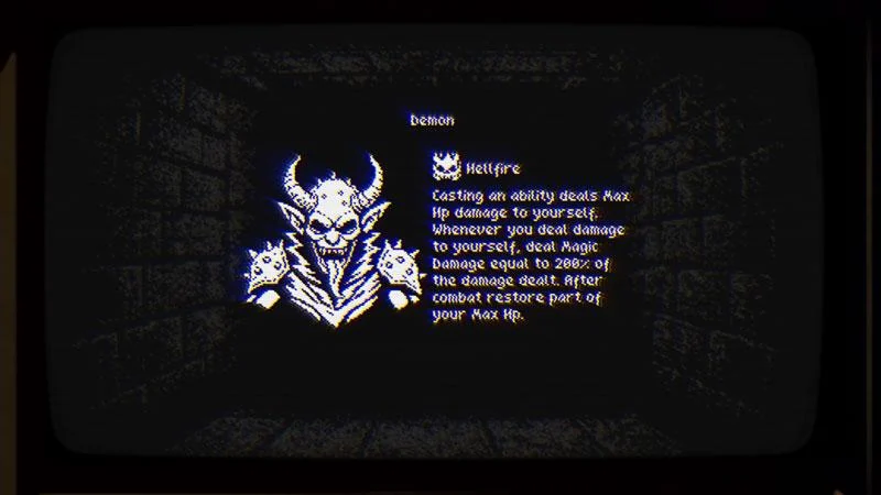 『Your Debt Is Paid』のゲーム画面。ドット絵の悪魔とHellfire能力の説明