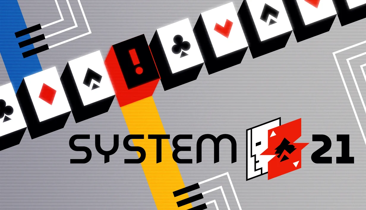 ブラックジャックローグライク『SYSTEM 21』のキーアート。カードが並ぶ背景とタイトルロゴ