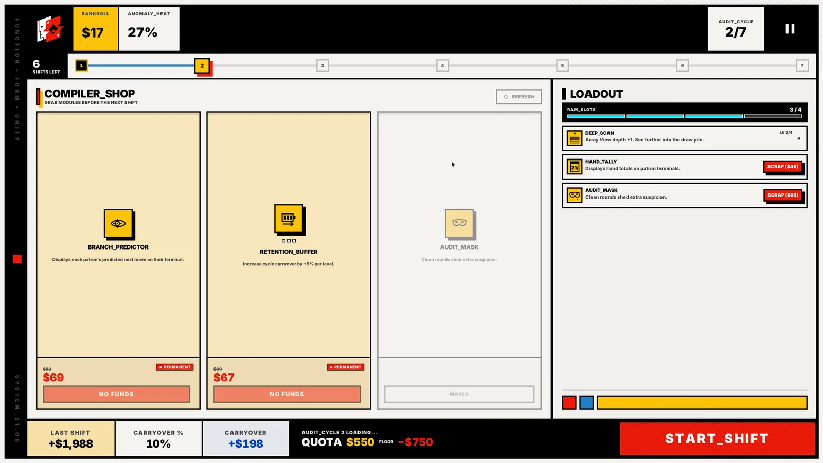SYSTEM 21のCompilerショップ画面。プラグイン購入欄とロードアウトを表示