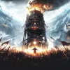 『Frostpunk』キーアート。巨大ジェネレーター塔の前に集まる群衆と氷の嵐