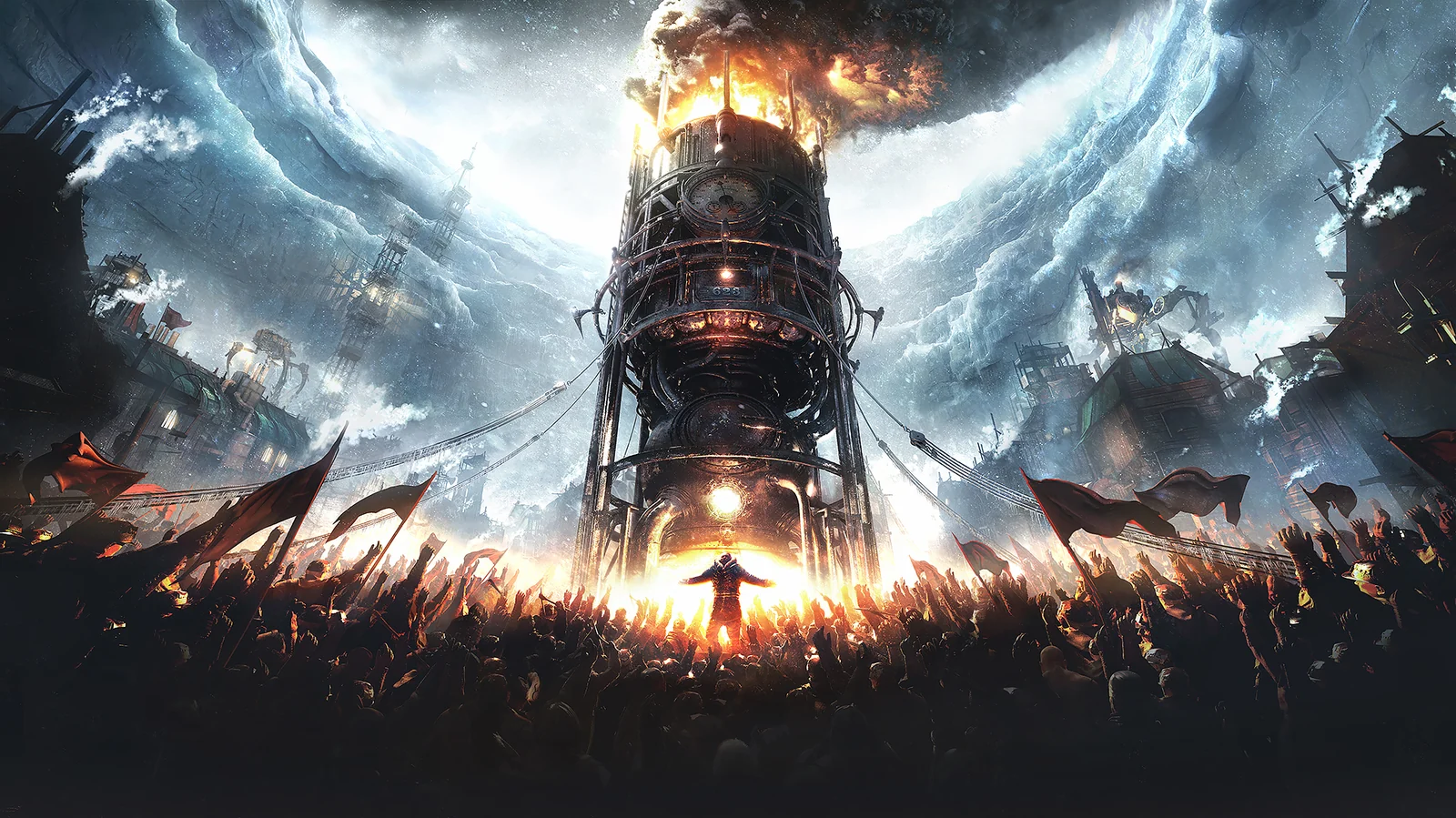『Frostpunk』キーアート。巨大ジェネレーター塔の前に集まる群衆と氷の嵐