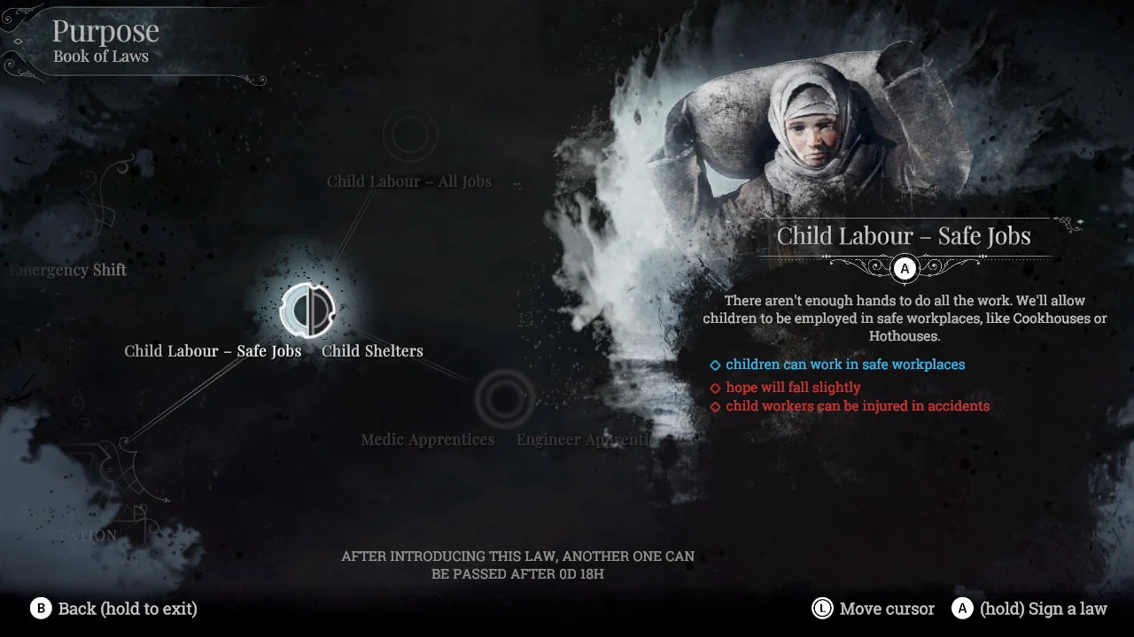 Frostpunkの法律書画面。「児童労働(安全な仕事)」法の説明を表示