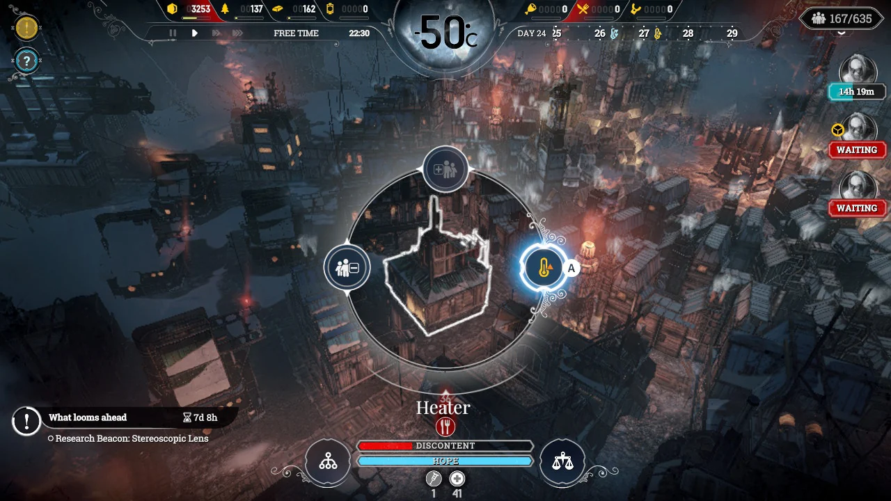 Frostpunkのゲーム画面。極寒の都市で暖房施設のメニューを操作する場面