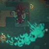 Embervilleのゲーム画面。森で鎌を持つ骸骨ボスが緑の炎を放つ場面