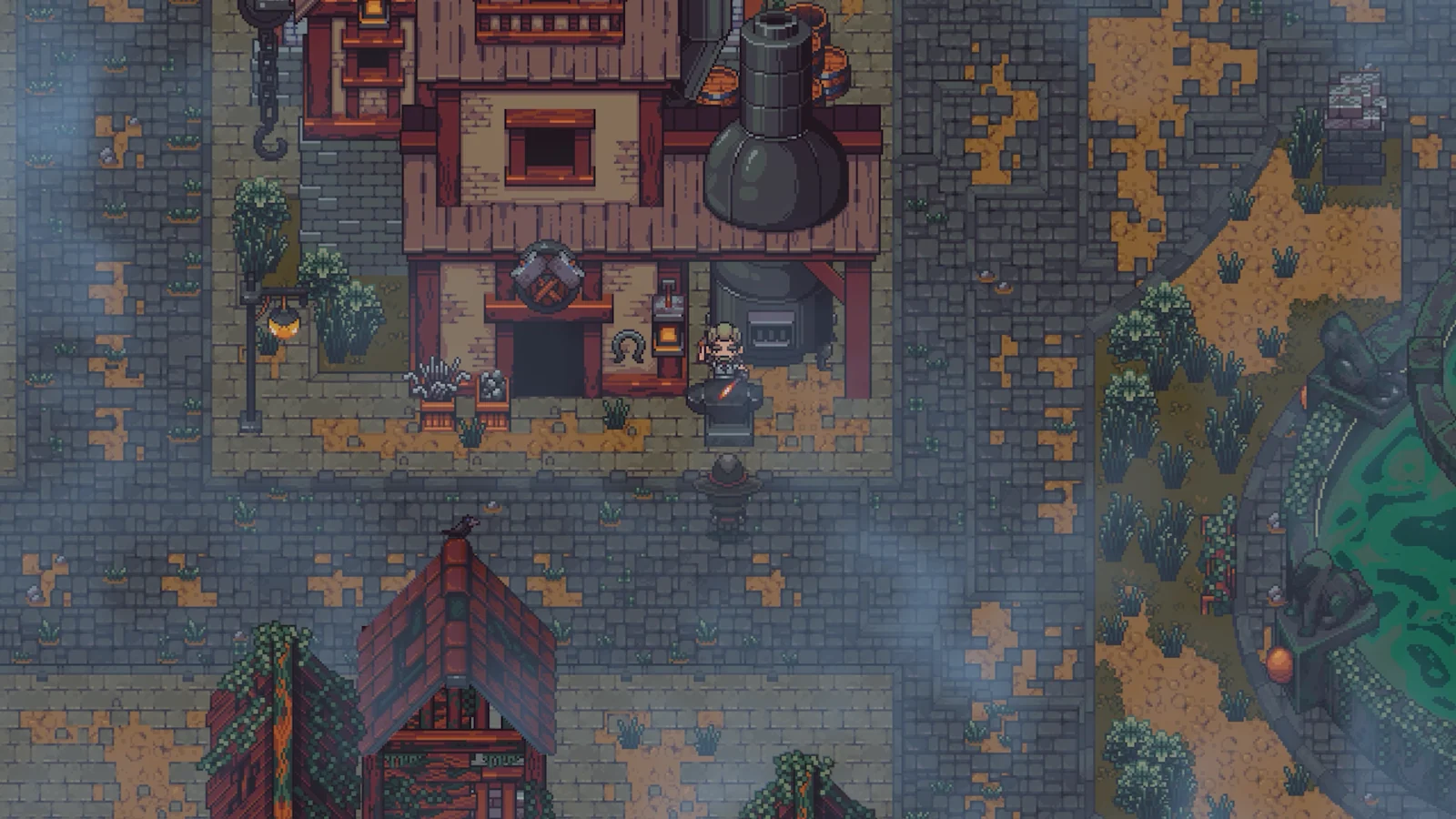 Embervilleのゲーム画面。石畳の町と鍛冶屋風の建物を見下ろすドット絵