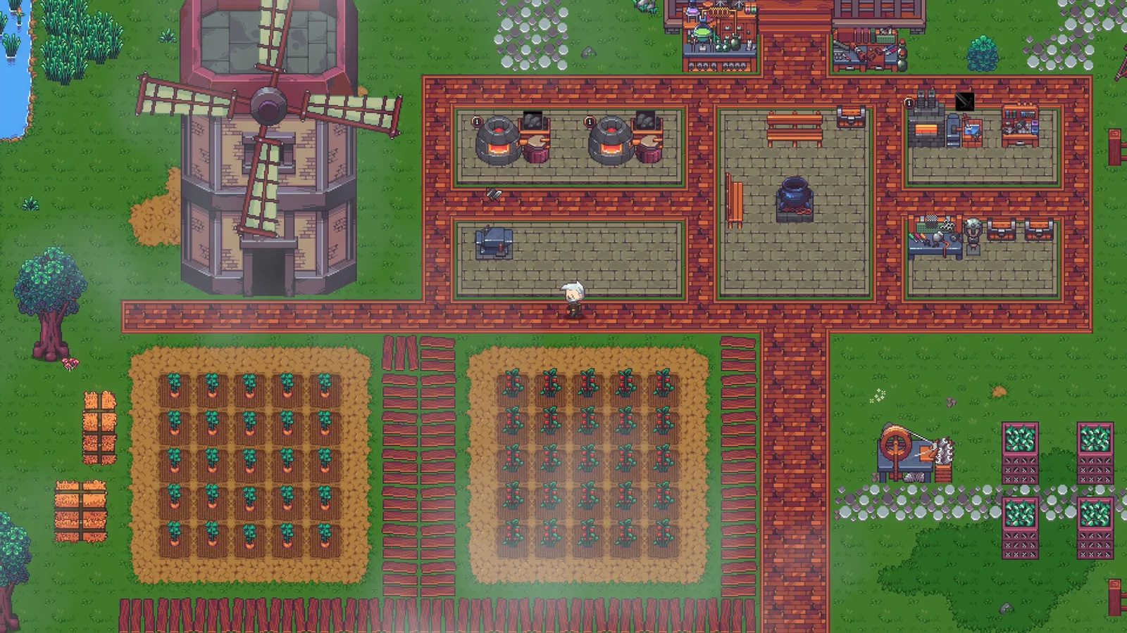 Embervilleのゲーム画面。風車と作業場、作物畑が並ぶ農場のドット絵スクリーンショット