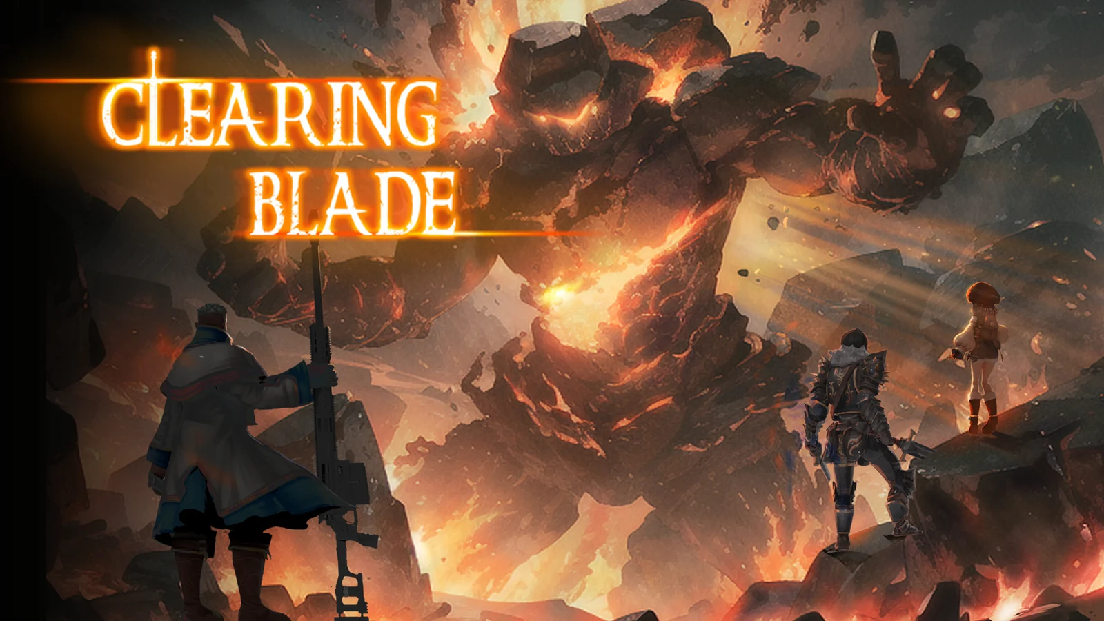 溶岩の巨人に立ち向かう3人の冒険者と『Clearing Blade』ロゴのキービジュアル