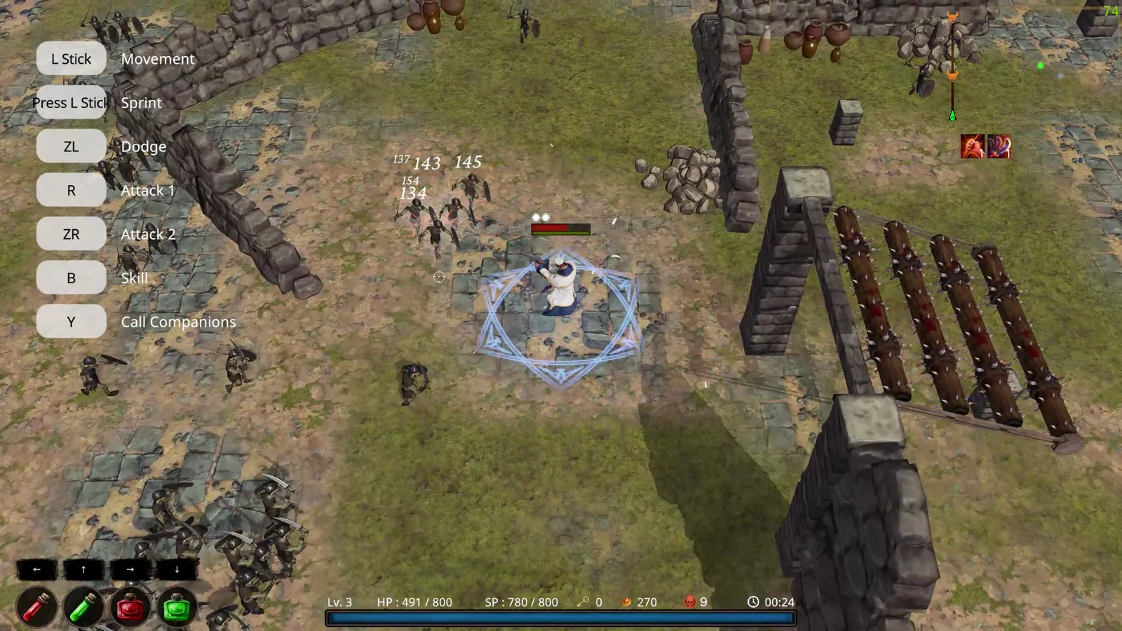『Clearing Blade』Switch版のプレイ画面。魔法陣の中で敵の群れと戦う主人公