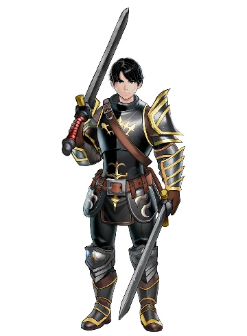黒と金の鎧をまとい二本の剣を持つ黒髪の剣士のキャラクターアート