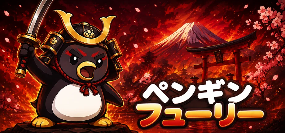 兜をかぶり刀を掲げる侍ペンギンと富士山を描いた『ペンギンフューリー』のキーアート