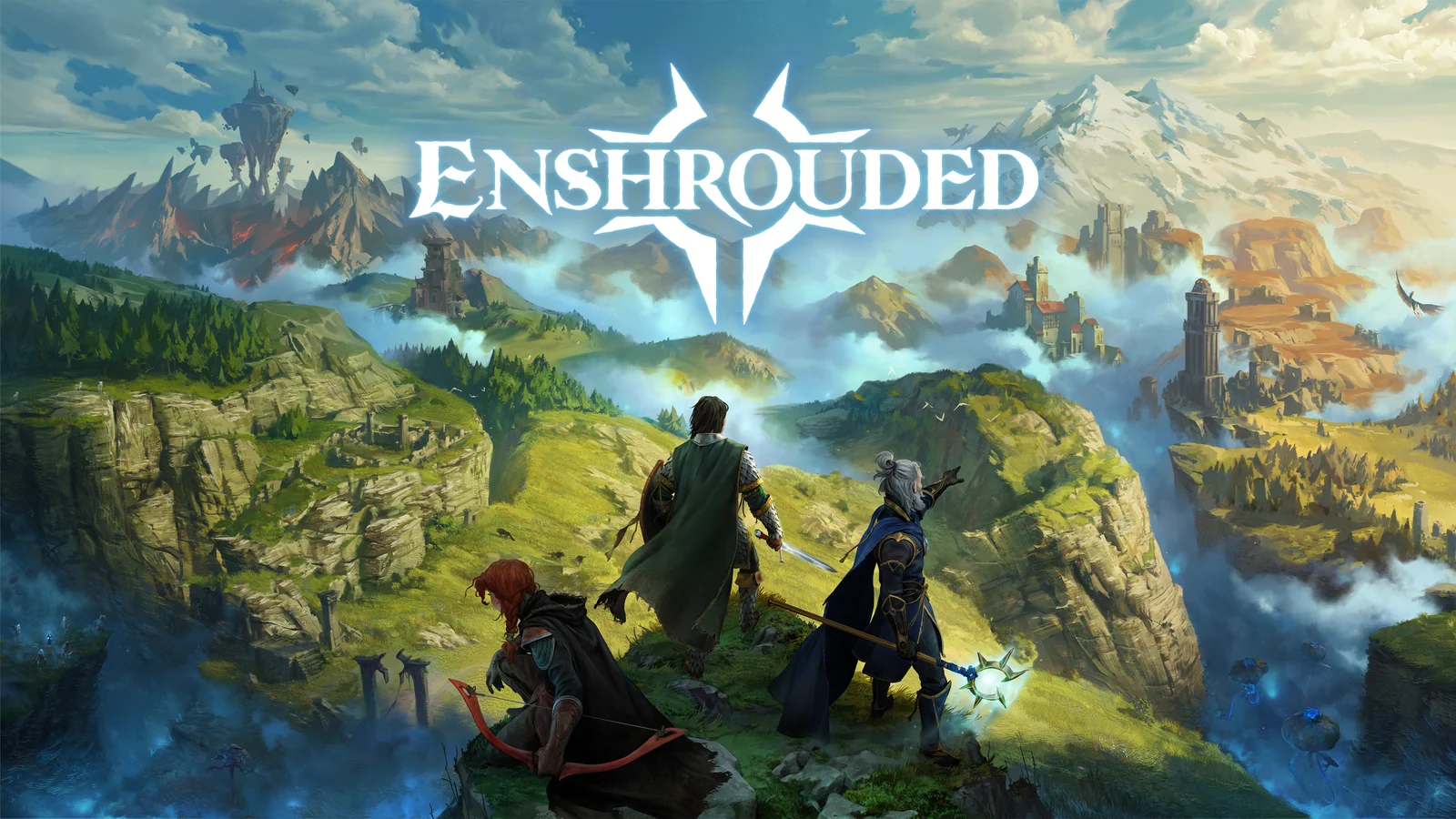 『Enshrouded』キービジュアル。霧の王国を見渡す3人の冒険者とタイトルロゴ