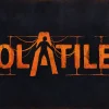 『Volatiles』のオレンジ色のタイトルロゴ。暗い背景に人型シルエットとケーブルが重なる