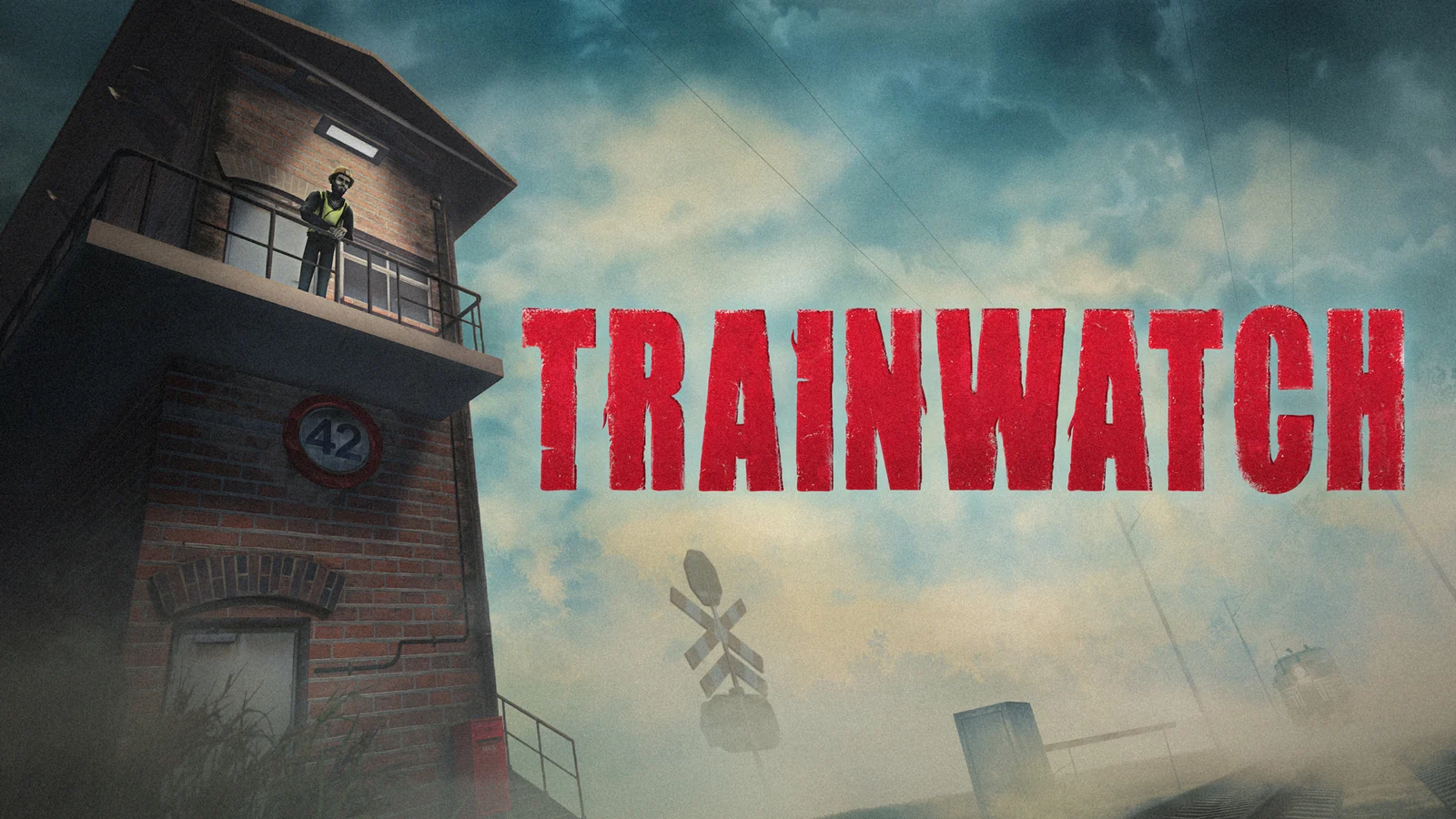『Trainwatch』のキービジュアル。霧の踏切脇の信号塔と赤いタイトルロゴ