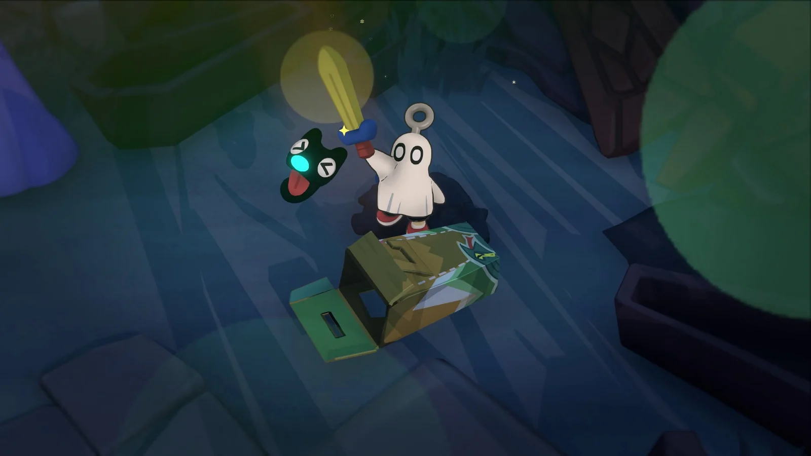 幽霊のワルツが剣を掲げ、黒い相棒ジャムと段ボール箱の上にいるゲーム画面