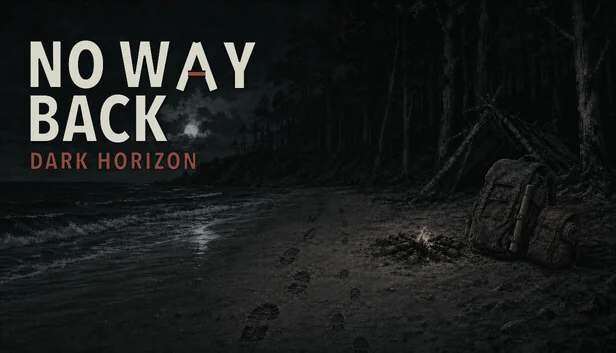 夜の孤島の浜辺を背景にした『No Way Back: Dark Horizon』のキービジュアル