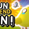 『Run Friend Run』キービジュアル。黄色いひよこと吹っ飛ぶペンギン、爆発背景