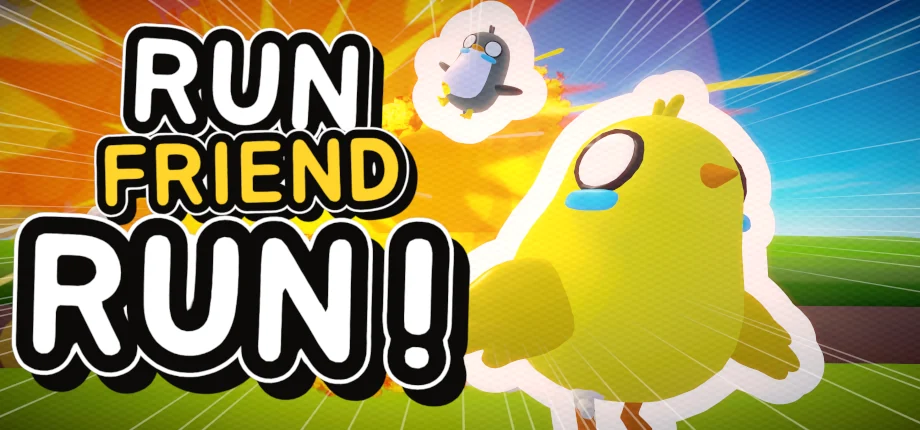 『Run Friend Run』キービジュアル。黄色いひよこと吹っ飛ぶペンギン、爆発背景
