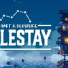 CELESTAYのキービジュアル。左にロゴ、右に雲の高さまで伸びた海上の家のイラスト。