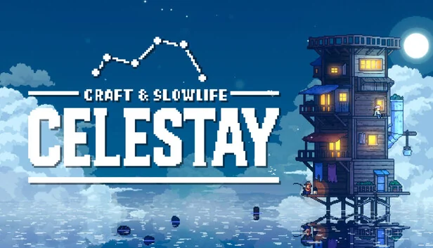 CELESTAYのキービジュアル。左にロゴ、右に雲の高さまで伸びた海上の家のイラスト。