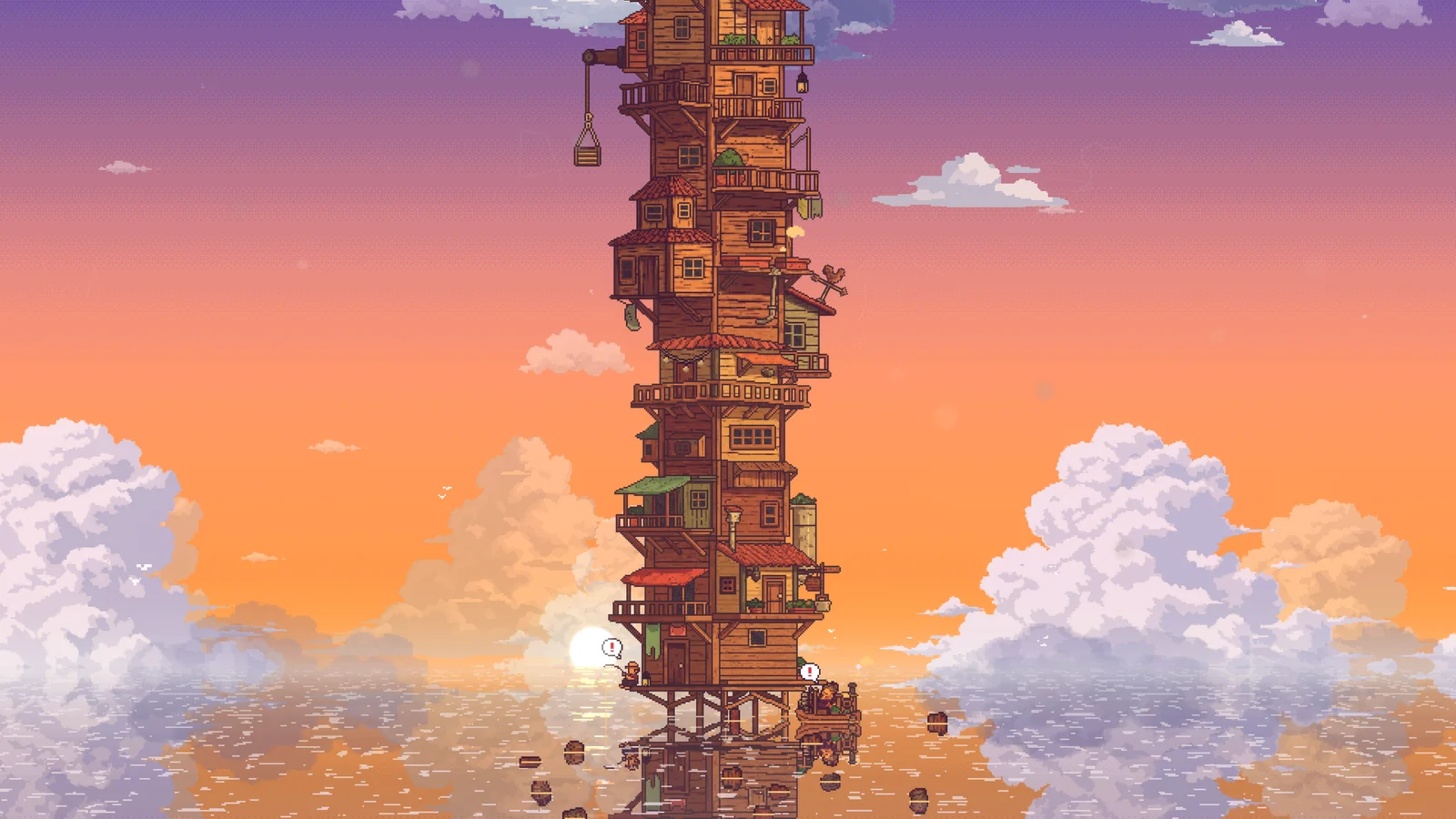 夕焼けの空に浮かぶ巨大な家屋を描いた『CELESTAY』のゲーム画面。