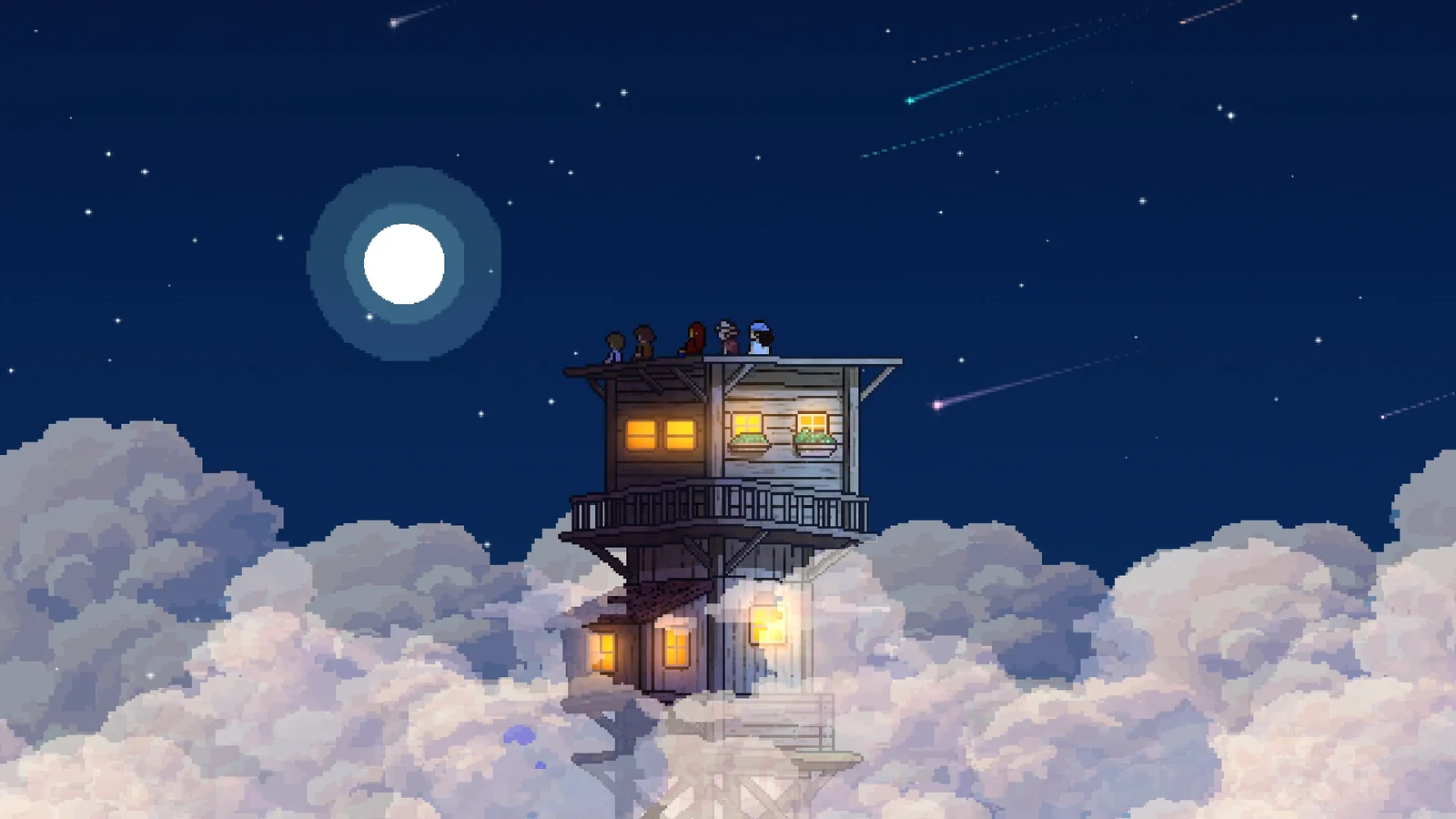夜空の下、雲上の家屋で星を見上げるキャラクターたちを描く『CELESTAY』の画像。
