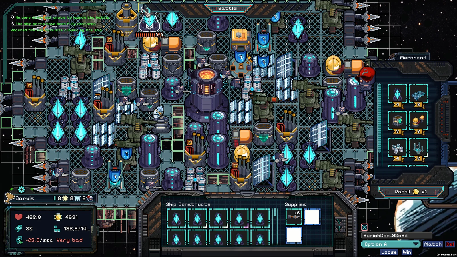 NebulArenaのゲーム画面。砲塔やモジュールを配置した宇宙要塞の編成画面