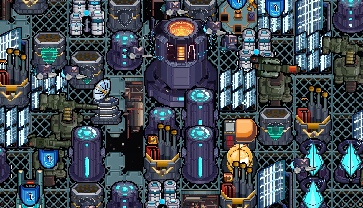 NebulArena（要塞vs要塞）の宇宙要塞内部を描いたドット絵のゲーム画面