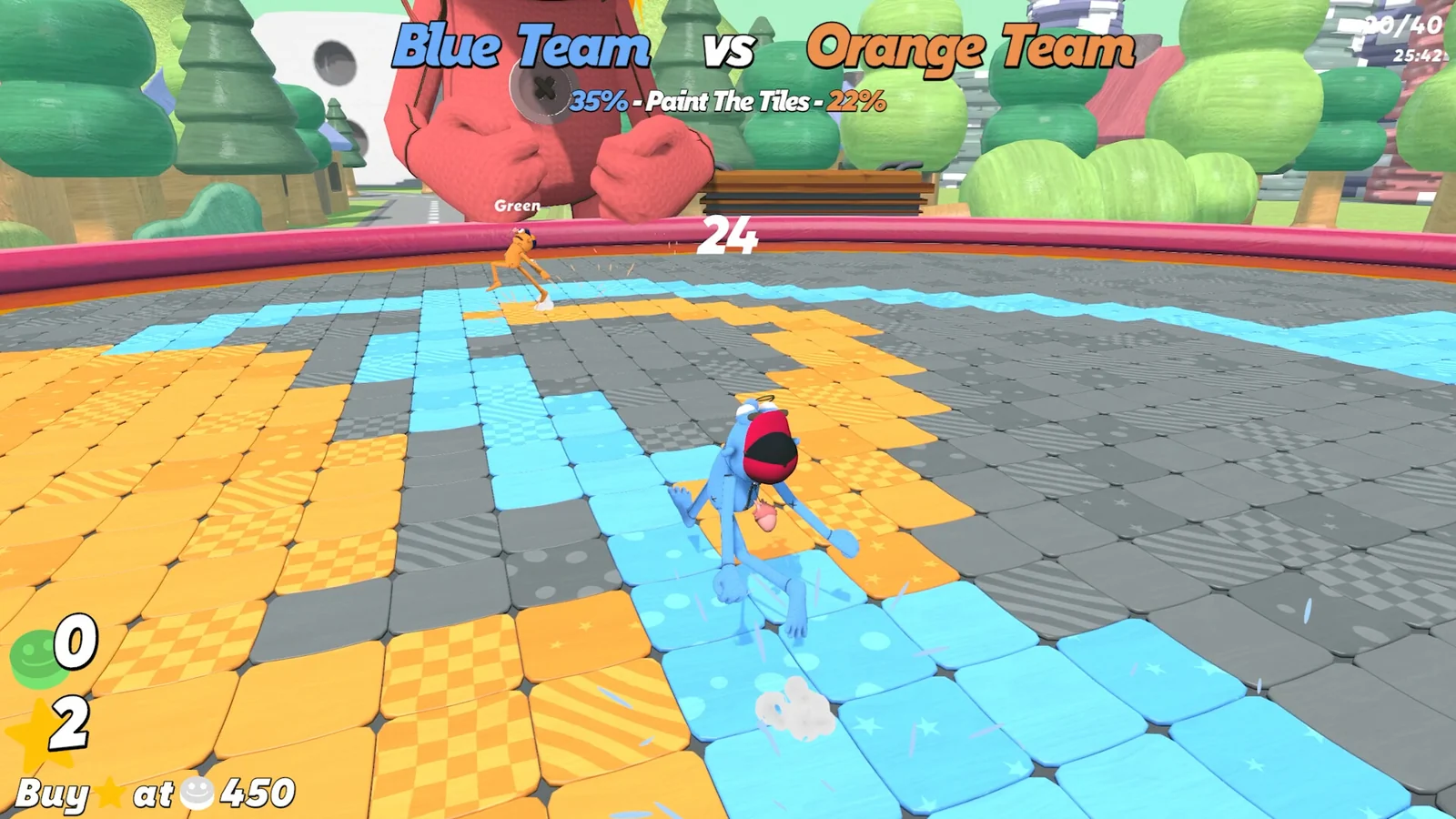 『WE'RE ALL IN!』のミニゲーム「Paint The Tiles」でブルーとオレンジが対戦するゲーム画面